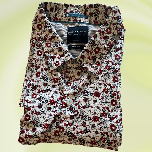 Denim & Flower Bold Red Floral Button-Up Shirt | Size L Slim Fit - Picture 1 of 4